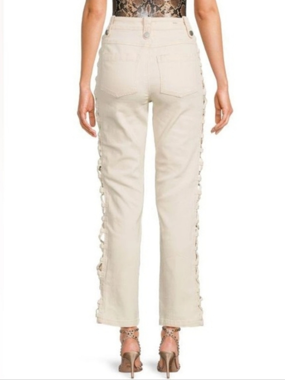 Habitual Side Lace Up High Rise Straight Leg Jeans Cream Off-White Size 6/28 - Picture 3 of 9